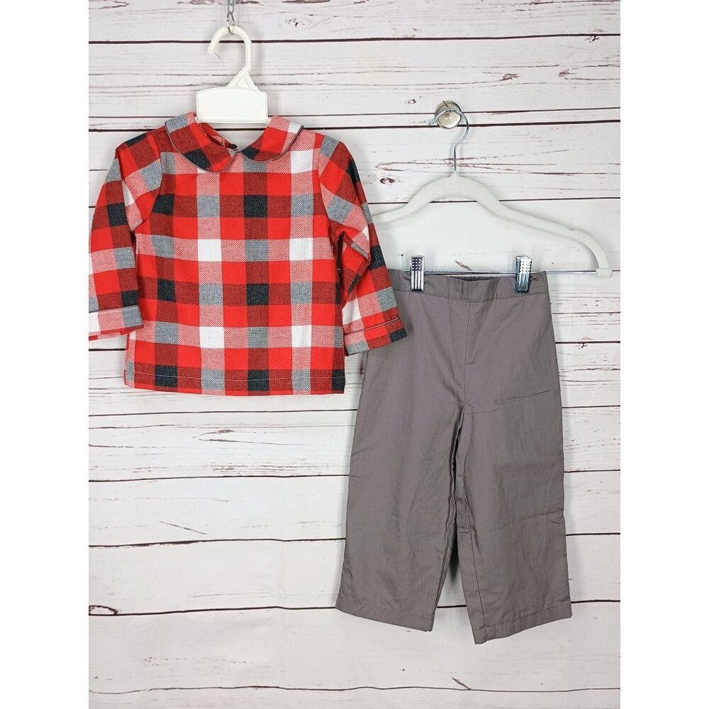 The Oaks Apparel Red & Gray Plaid Shirt With Gray Pants Set 24 months NWT
